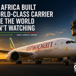 Ethiopian Airlines Boeing 787 Dreamliner on the tarmac at Addis Ababa Bole International Airport, representing African aviation excellence and institutional governance — GBSH Consult Group case study.