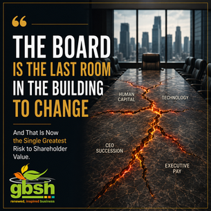 A dark, cinematic aerial view of an empty corporate boardroom table with four structural cracks running through its surface, a deep amber glow rising from beneath. Representing the four fault lines threatening shareholder value in South African boardrooms — human capital, technology risk, CEO succession, and executive pay. Published by GBSH Consult Group, Africa's No.1 Management Consulting Firm, Financial Times 2025 and 2026.