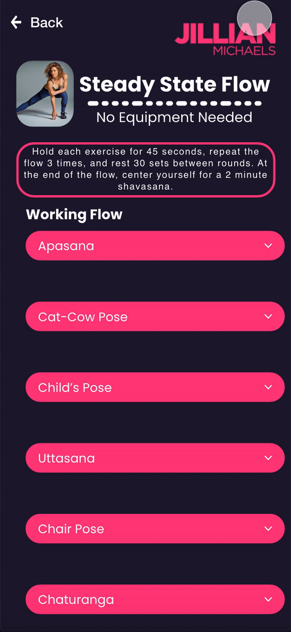 Jillian Michaels Fitness App workout page