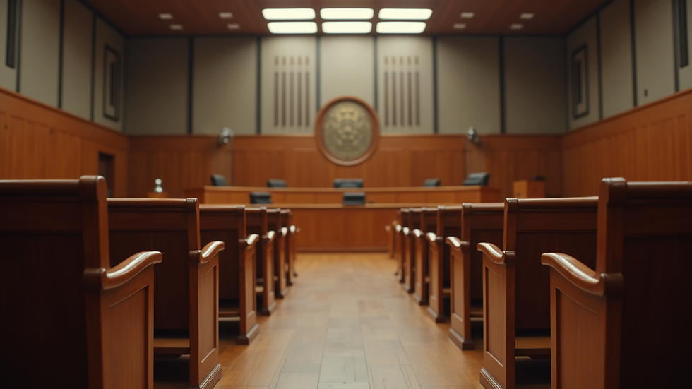 Eye-level view of a courtroom with empty benches