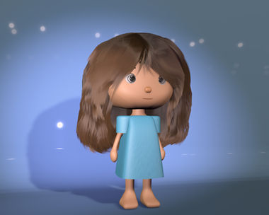Full body 3D model of a cartoon girl named Lumi with brown hair and a light blue dress.