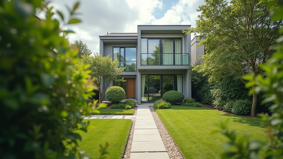 Eye-level view of a modern residential building with a well-maintained garden