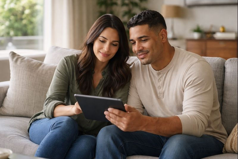 Homeowners reviewing home improvement financing together on a tablet in their living room