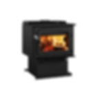 Black wood-burning stove with flames visible through the glass door