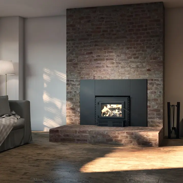 Wood burning fireplace with flames inside a brick surround