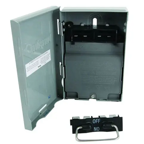 Square D 60 amp disconnect switch, open with 'OFF' and 'ON' labels visible