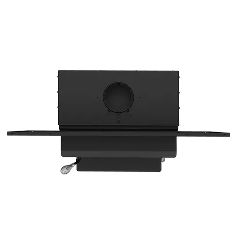 Black wood stove with a round vent and a handle on the bottom, top view.