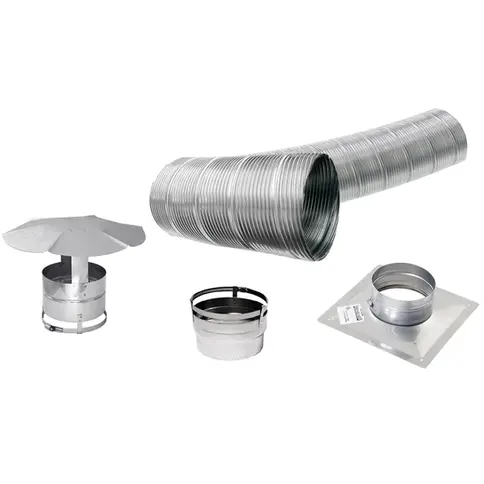 Metal vent pipe and accessories for heating systems, including a vent cap, collar, and square vent plate