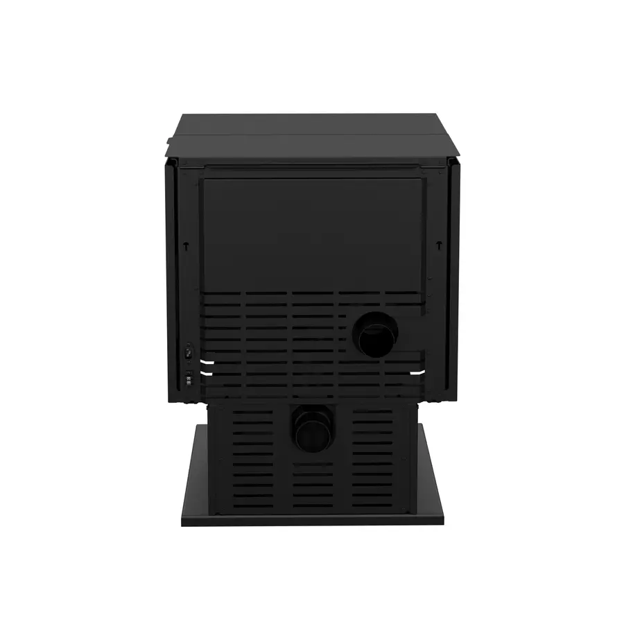 Thumbnail: Black wood-burning fireplace insert with a door and two knobs