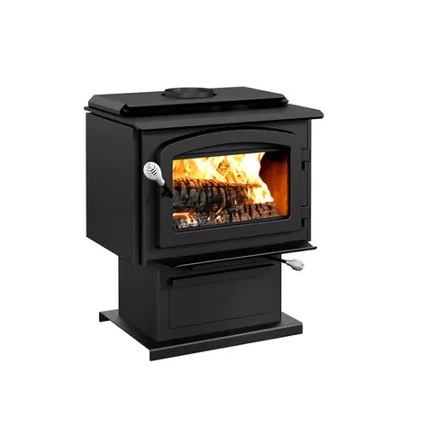 Black wood-burning stove with flames visible through the glass door, Lower Your Heating