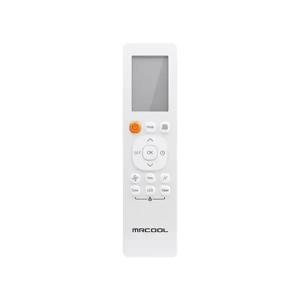 Thumbnail: White MRCOOL® remote control with buttons for Set, OK, Mode, Turbo, Timer, Temp, Fan, LED, and Clean