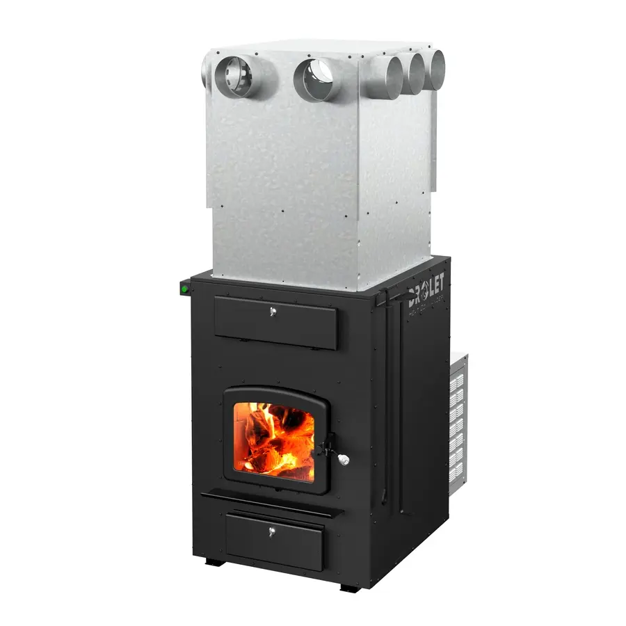 Black wood-burning stove with a fire burning inside, labeled "ROLET", and a metal vent system above.