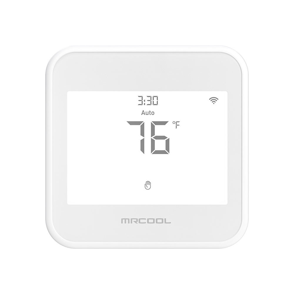 White digital thermostat displaying 3:30, Auto, 76 degrees Fahrenheit, and the MRCOOL logo.