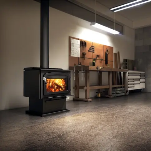 Wood-burning stove with flames in a workshop setting