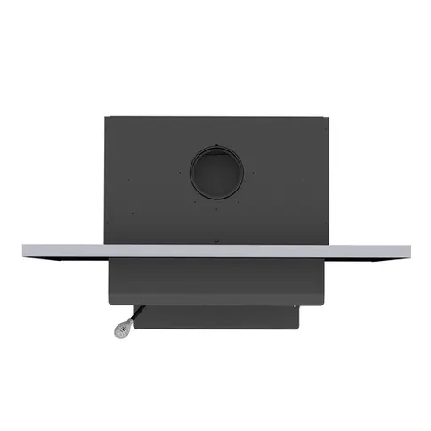 Black fireplace insert with a silver shelf, a vent, and a light switch