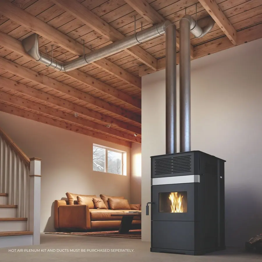 Englander BLUE RIDGE 500 wood stove with a fire burning in a living room with a couch and a window in the background