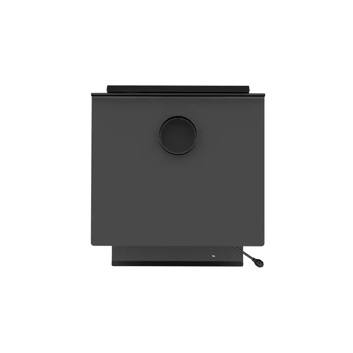 Black wood-burning stove with a round vent and a handle for controlling the fire