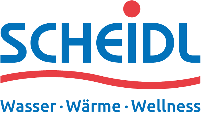 Logo mit dem Schriftzug „Scheidl“ in blauer Schrift. Der Punkt auf dem „i“ ist rot. Unter dem Namen verläuft eine geschwungene rote Linie, darunter steht in blauer Schrift der Slogan „Wasser, Wärme, Wellness“.
