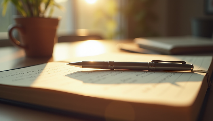 High angle view of a journal and pen on a table with soft morning light