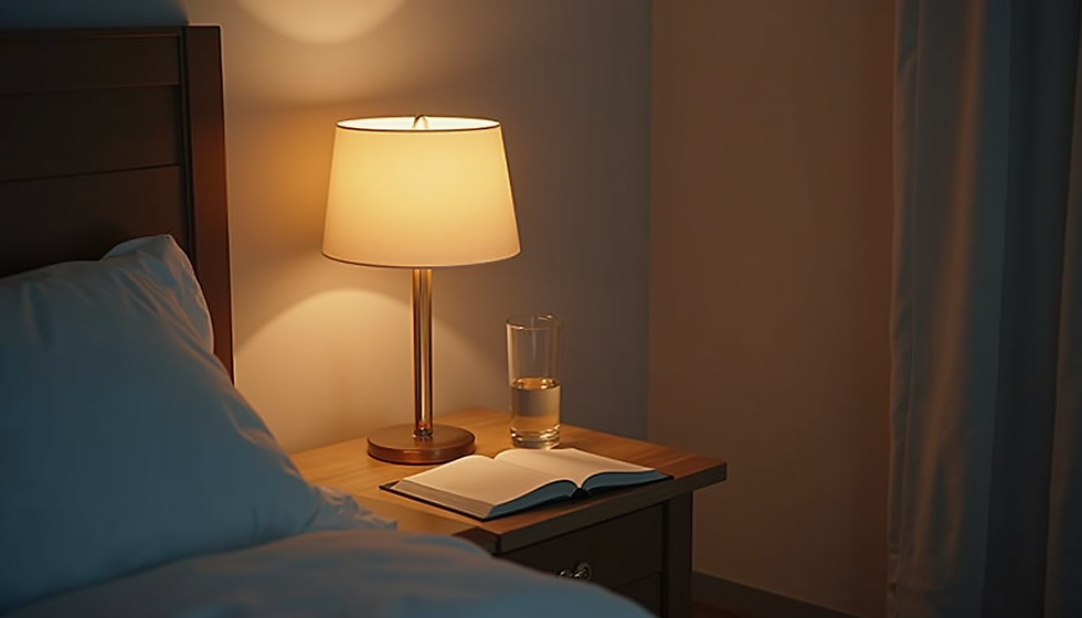 Close-up of a bedside table with a dim lamp, a book, and a glass of water