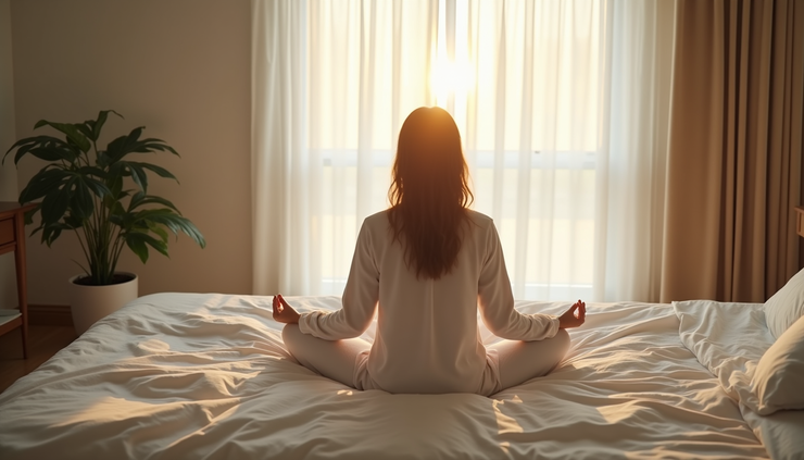 High angle view of a person practicing meditation on a bed with soft natural light