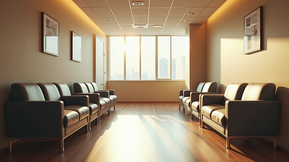 High angle view of a calm waiting room with comfortable chairs and soft lighting