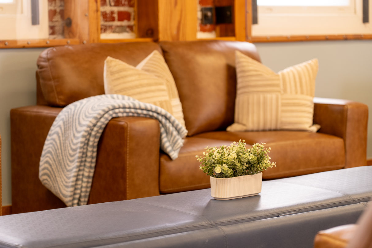 Brown leather couch with pillows and throw blanket. 