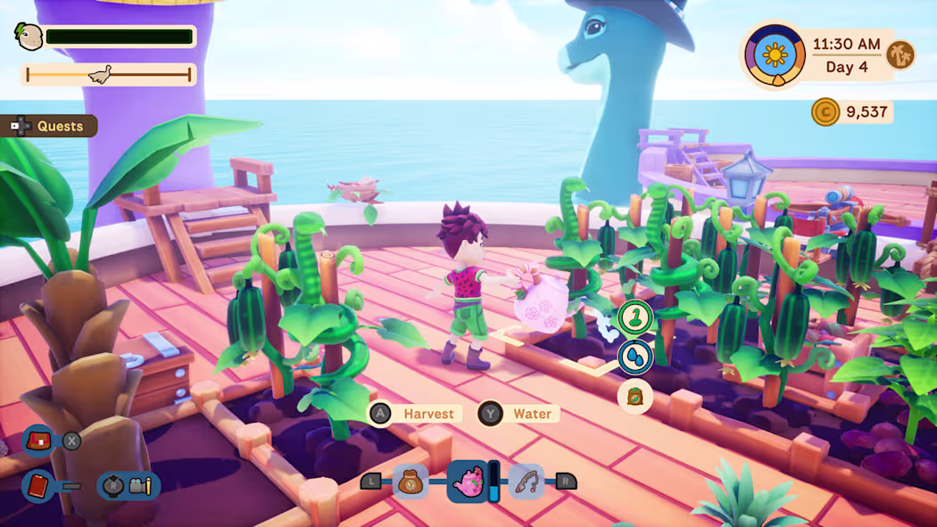character on boat watering crops