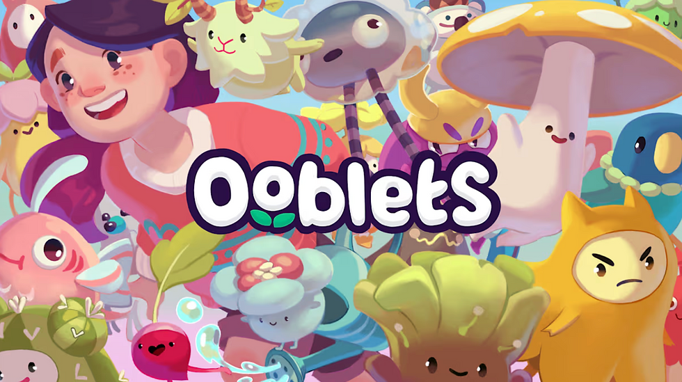 Colorful Ooblets game art with smiling plant creatures and a cheerful girl, centered title text, whimsical fantasy mood