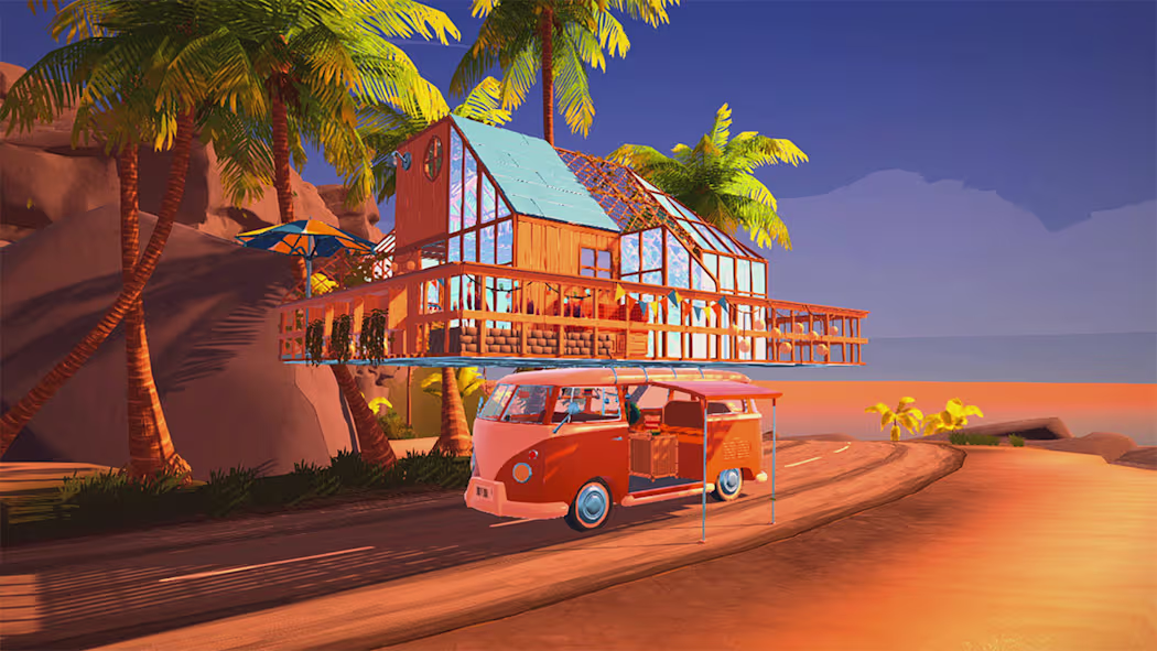 camper van on a tropical beach with built 2nd structure on top