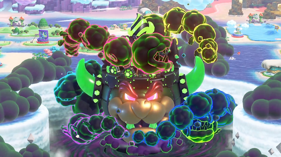 Giant Bowser looms over a bright island map, surrounded by neon-outlined dark smoke clouds in a chaotic game scene.