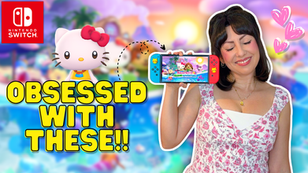 hildabear holding Nintendo Switch displaying Hello Kitty Island Adventure, her picks for cozy games for summer