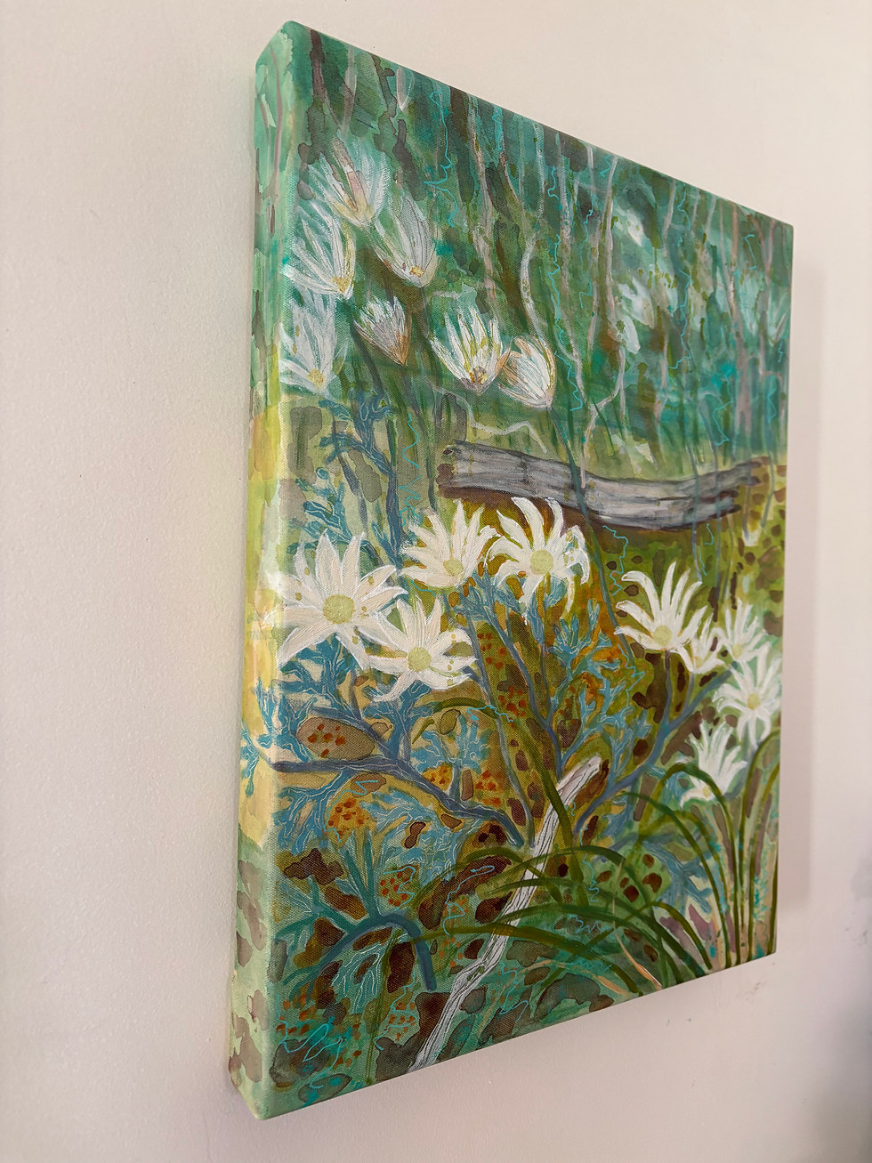 Thumbnail: Coastal flannel flowers stretched poly cotton canvas
