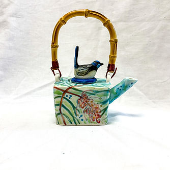 porcelain and bamboo teaport with grevillea and fairy wren design