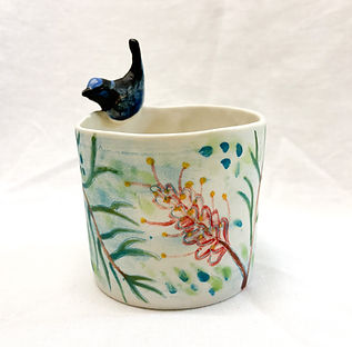 porcelain handbuilt vaser with grevillea and fairy wren