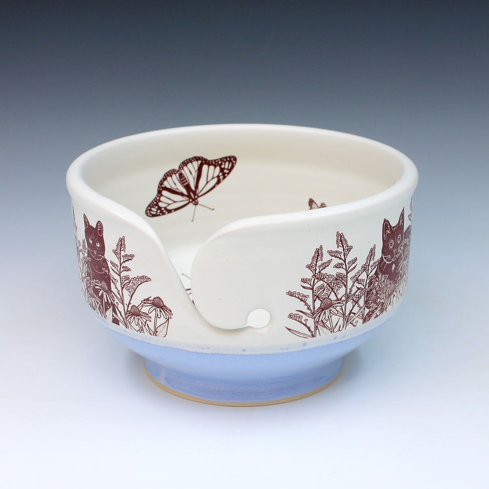 Yarn Bowl Black Cats & Prairie Flowers Blue
