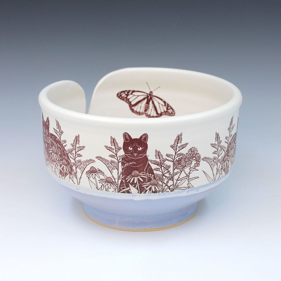 Yarn Bowl Black Cats & Prairie Flowers Blue