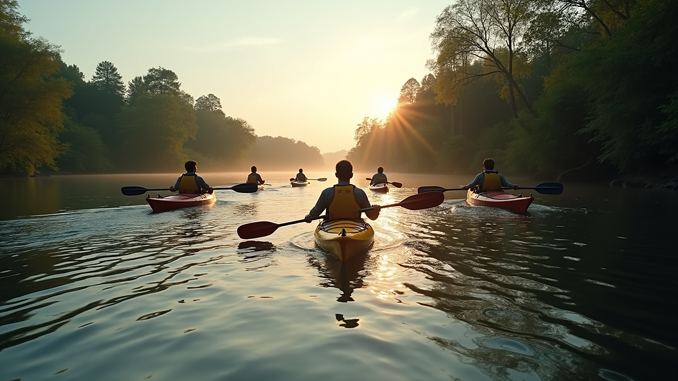 Wide angle view of a group kayaking on a calm river