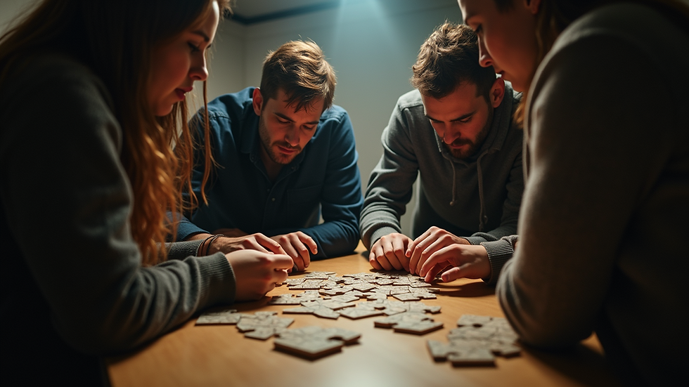 Eye-level view of a group solving puzzles in an escape room