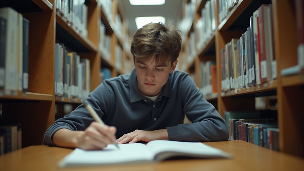 Eye-level view of a student studying in a library