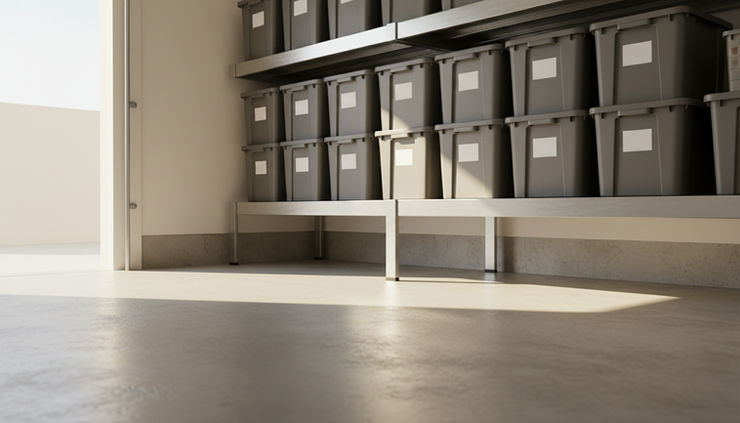 Eye-level view of a garage corner with sealed bins and a raised storage shelf.