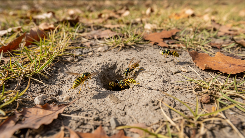 Eye-level view of yellow jackets entering a small ground nest opening
