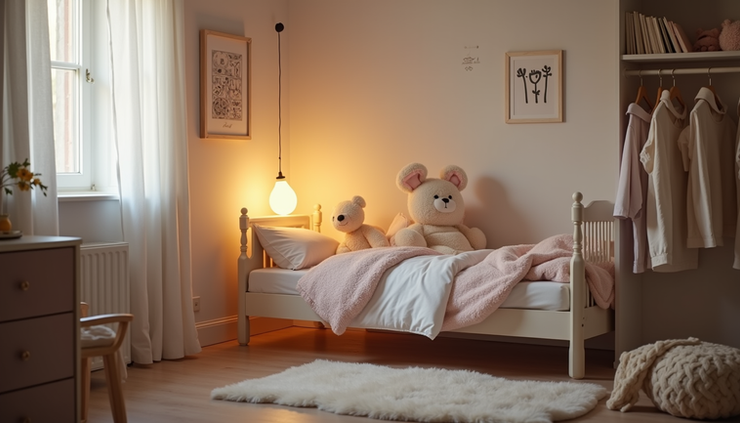 Eye-level view of a toddler’s cozy bedroom with soft lighting and a nightlight