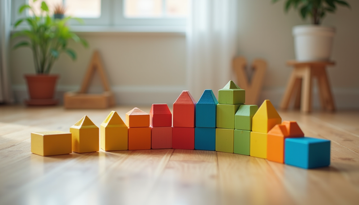 Eye-level view of colorful wooden building blocks arranged in a playful pattern on a wooden floor