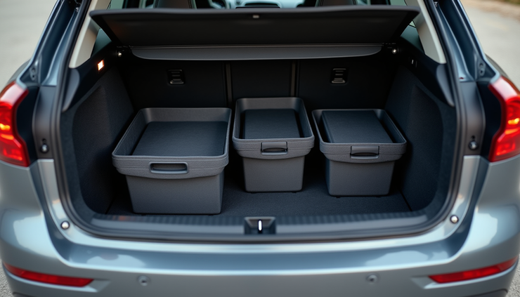 Eye-level view of a car trunk neatly organized with storage bins and compartments