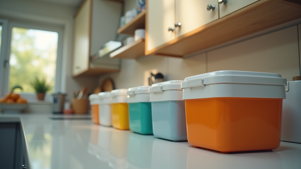 Eye-level view of a well-organized kitchen with colorful storage containers