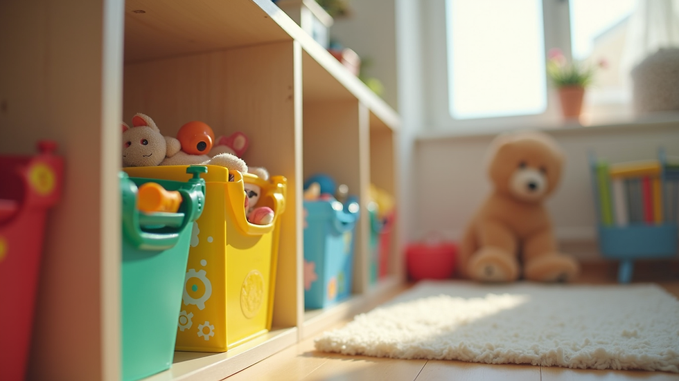 Eye-level view of a colorful toy storage solution in a child's playroom