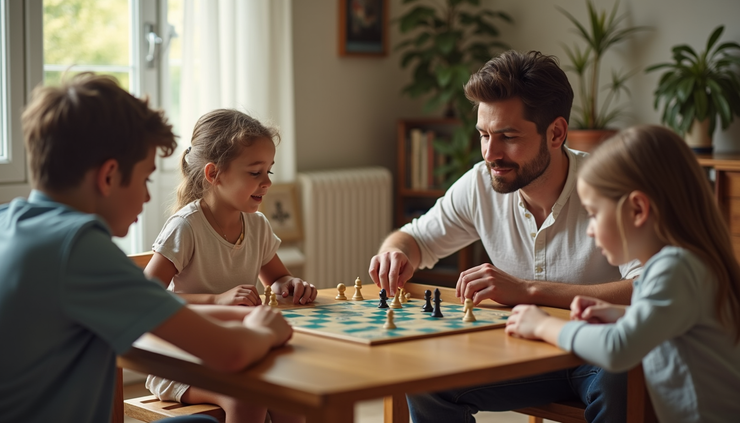 Eye-level view of a family playing board games around a wooden table
