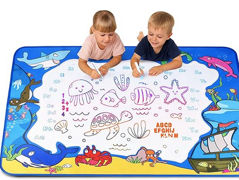 Eye-level view of colorful educational toys arranged on a wooden table