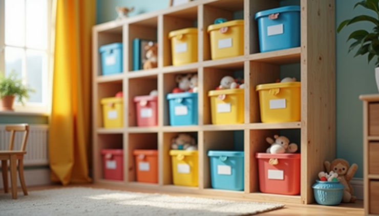 Eye-level view of a neatly organized children's playroom with labeled storage bins